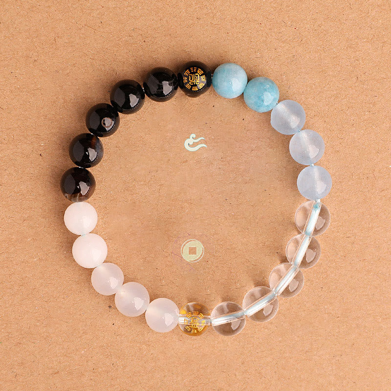 Fortune Jewel Five Elements Various Agate Crystal Black Onyx Green Chalcedony Aquamarine Wisdom Bracelet
