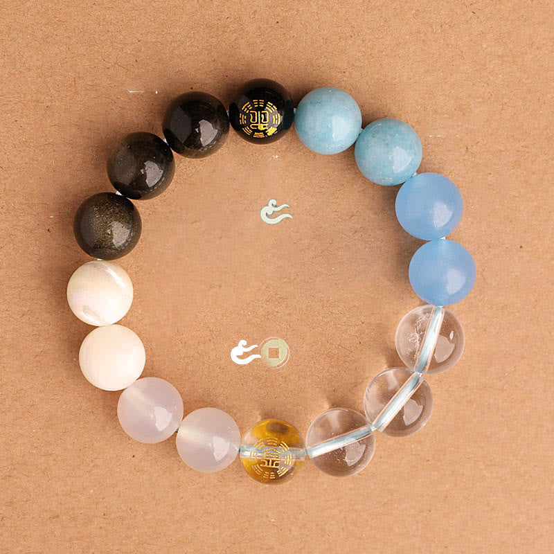 Fortune Jewel Five Elements Various Agate Crystal Black Onyx Green Chalcedony Aquamarine Wisdom Bracelet