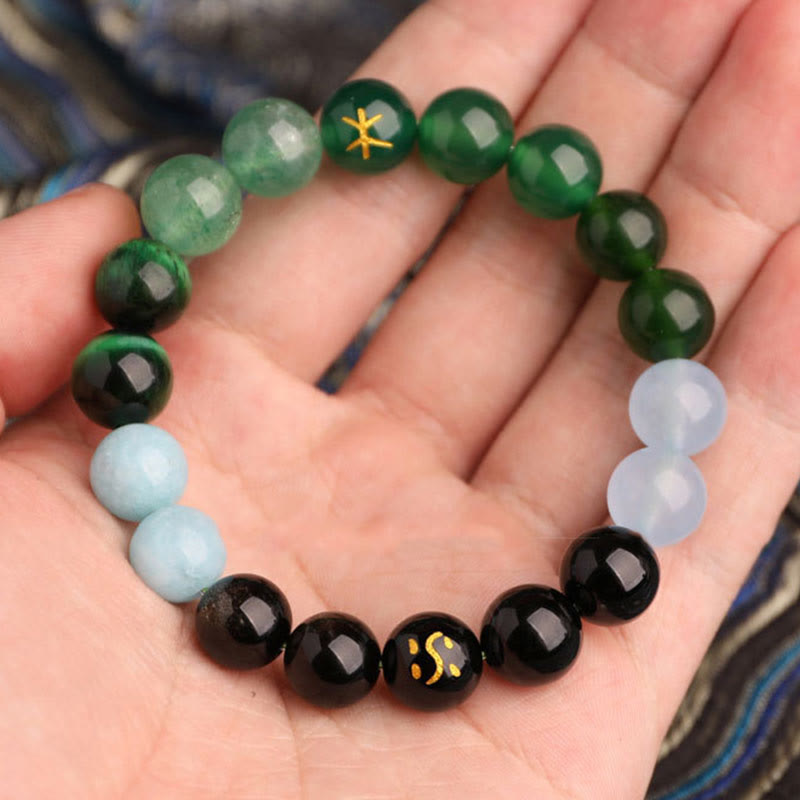 Fortune Jewel Five Elements Various Agate Crystal Black Onyx Green Chalcedony Aquamarine Wisdom Bracelet