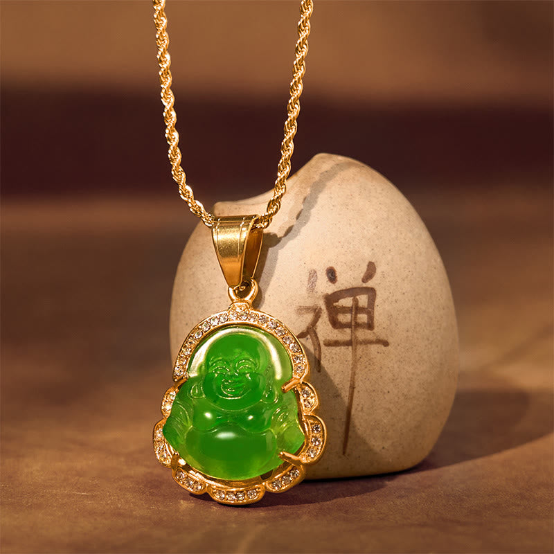Fortune Jewel 18K Gold Filled Laughing Buddha Jade Luck Necklace Chain Pendant Fortune Jewel