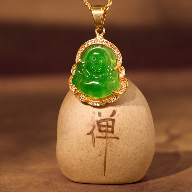 Fortune Jewel 18K Gold Filled Laughing Buddha Jade Luck Necklace Chain Pendant Fortune Jewel