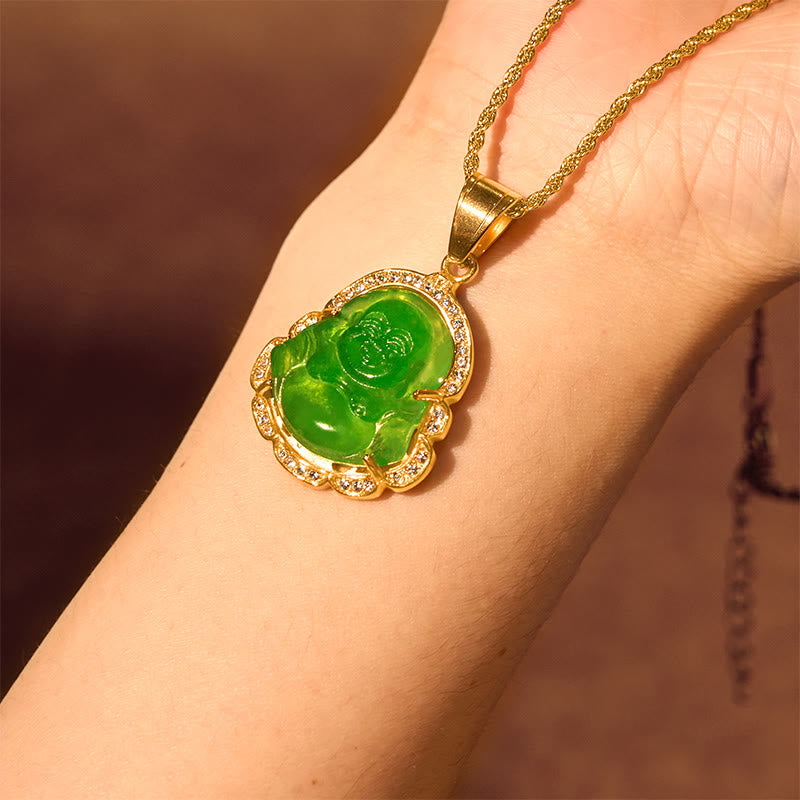 Fortune Jewel 18K Gold Filled Laughing Buddha Jade Luck Necklace Chain Pendant Fortune Jewel