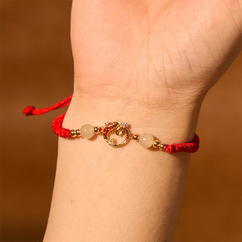 Fortune Jewel 925 Sterling Silver Hetian Jade Cinnabar Koi Fish Year Of Snake Red String Protection Braided Bracelet - Fortune Jewel