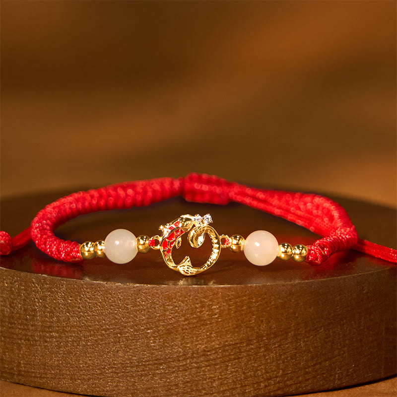 Fortune Jewel 925 Sterling Silver Hetian Jade Cinnabar Koi Fish Year Of Snake Red String Protection Braided Bracelet - Fortune Jewel