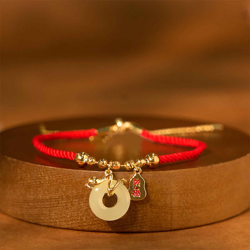 Fortune Jewel Copper Plated Gold Jade Peace Buckle Fu Character Year Of The Snake Red String Luck Bracelet
