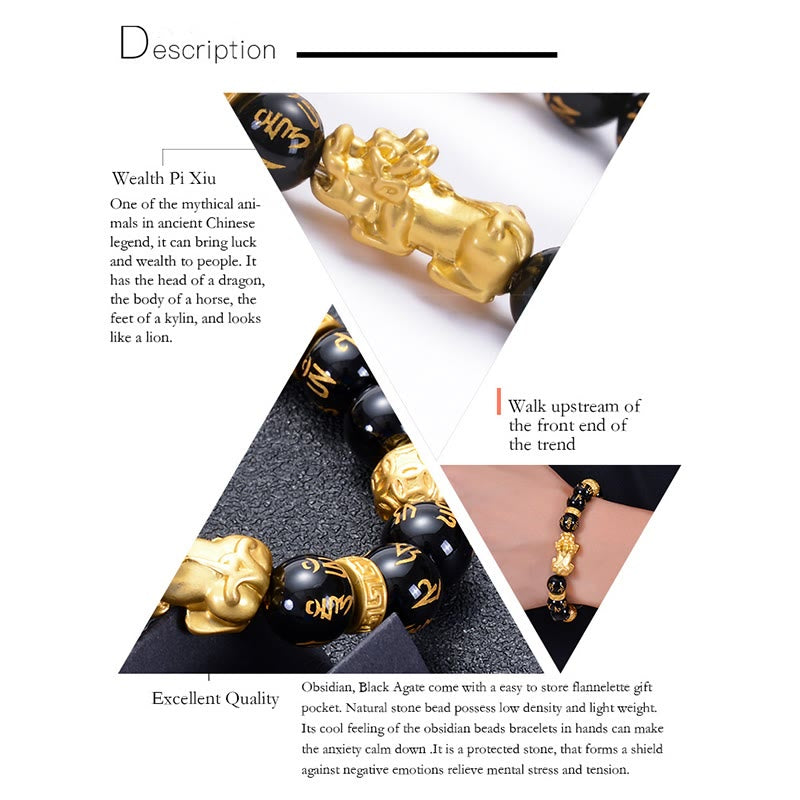 Fortune Jewel Black Obsidian Black Onyx Alloy PiXiu Om Mani Padme Hum Strength Bracelet