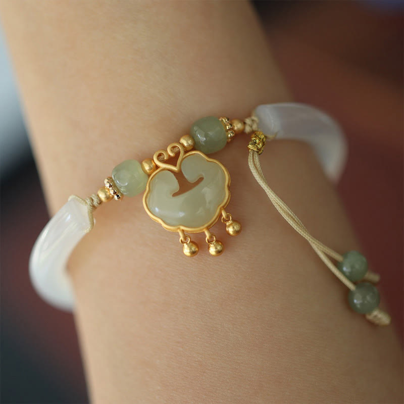 Fortune Jewel Chalcedony Hetian Jade 925 Sterling Silver Auspicious Cloud Ruyi Lock Harmony Cuff Half Bracelet Bangle