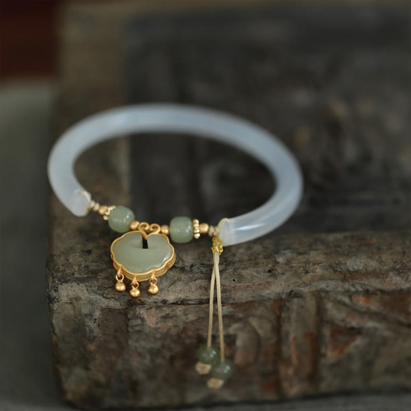 Fortune Jewel Chalcedony Hetian Jade 925 Sterling Silver Auspicious Cloud Ruyi Lock Harmony Cuff Half Bracelet Bangle