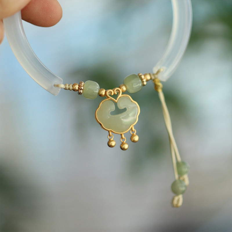 Fortune Jewel Chalcedony Hetian Jade 925 Sterling Silver Auspicious Cloud Ruyi Lock Harmony Cuff Half Bracelet Bangle