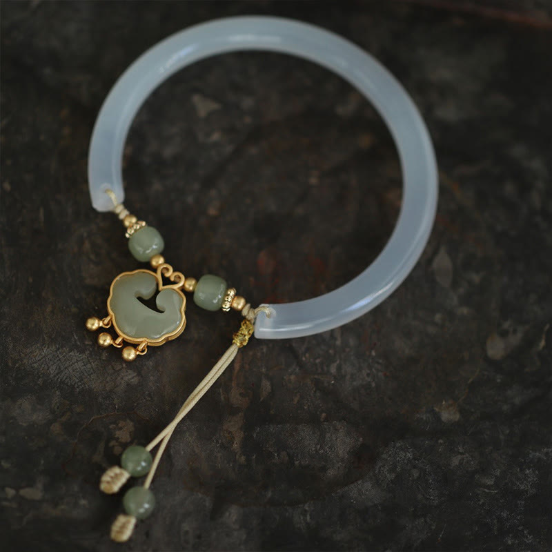 Fortune Jewel Chalcedony Hetian Jade 925 Sterling Silver Auspicious Cloud Ruyi Lock Harmony Cuff Half Bracelet Bangle