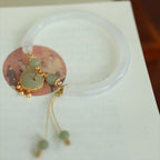 Fortune Jewel Chalcedony Hetian Jade 925 Sterling Silver Auspicious Cloud Ruyi Lock Harmony Cuff Half Bracelet Bangle