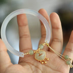 Fortune Jewel Chalcedony Hetian Jade 925 Sterling Silver Auspicious Cloud Ruyi Lock Harmony Cuff Half Bracelet Bangle