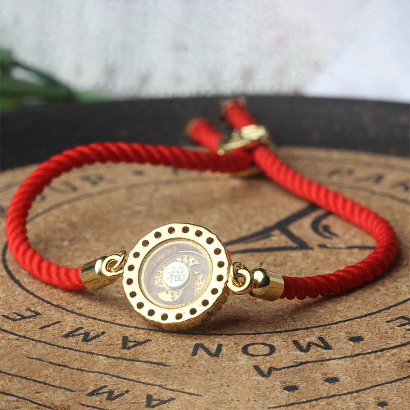Fortune Jewel Copper Brass Color Rotatable Windmill Feng Sheng Shui Qi Fu Red String Faith Braided Bracelet