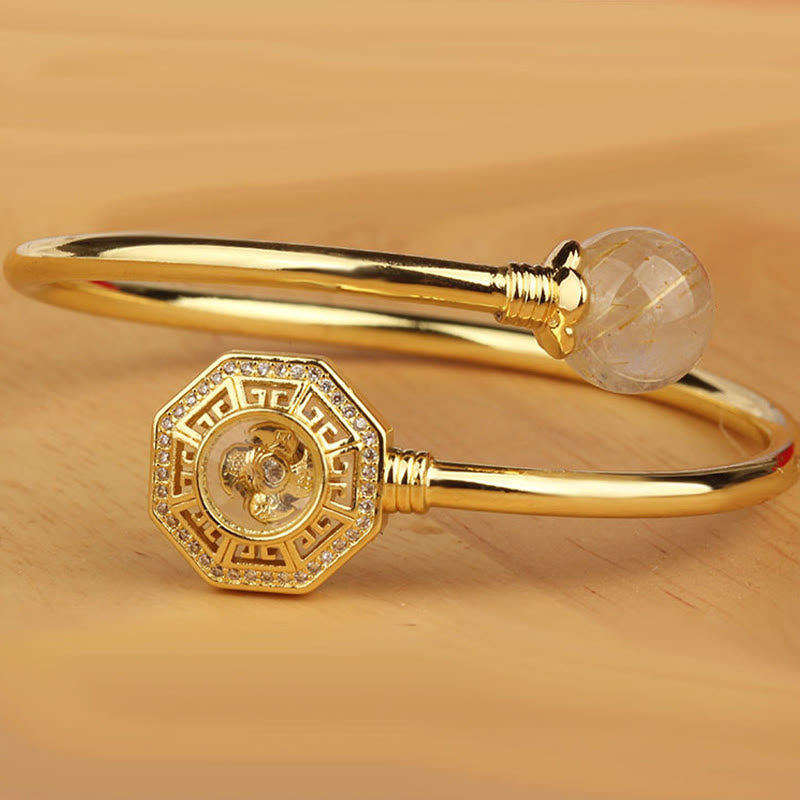 Fortune Jewel Rutilated Quartz Copper Brass Rotatable Windmill Feng Sheng Shui Qi Courage Bracelet Bangle