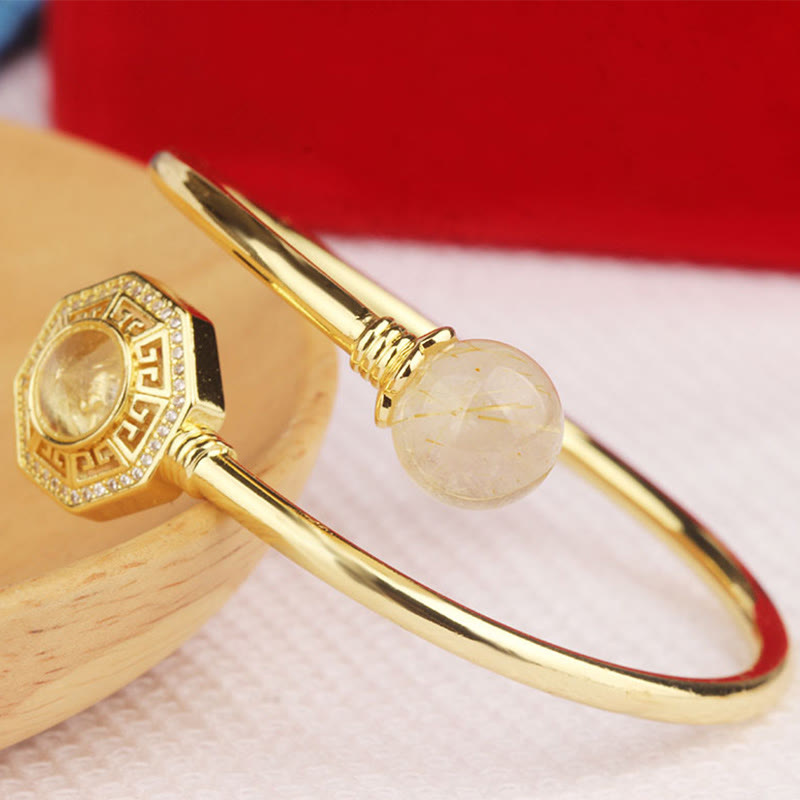 Fortune Jewel Rutilated Quartz Copper Brass Rotatable Windmill Feng Sheng Shui Qi Courage Bracelet Bangle