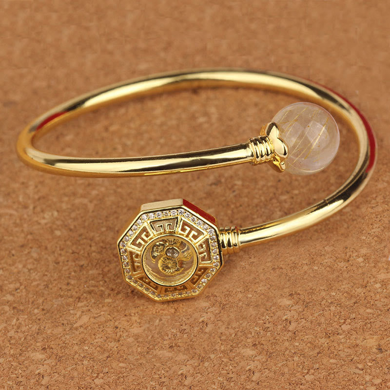 Fortune Jewel Rutilated Quartz Copper Brass Rotatable Windmill Feng Sheng Shui Qi Courage Bracelet Bangle