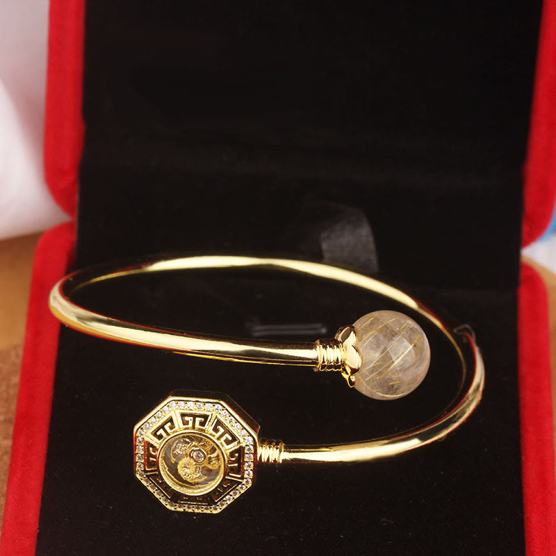 Fortune Jewel Rutilated Quartz Copper Brass Rotatable Windmill Feng Sheng Shui Qi Courage Bracelet Bangle