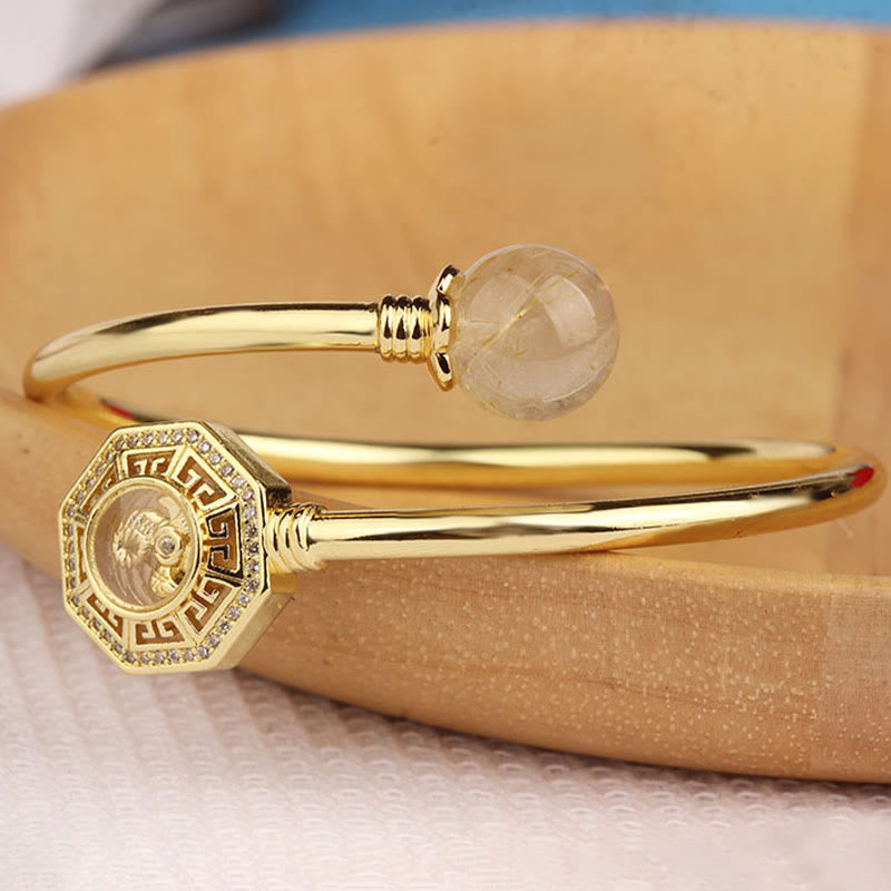 Fortune Jewel Rutilated Quartz Copper Brass Rotatable Windmill Feng Sheng Shui Qi Courage Bracelet Bangle