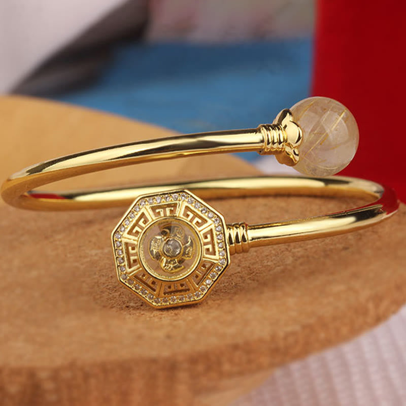 Fortune Jewel Rutilated Quartz Copper Brass Rotatable Windmill Feng Sheng Shui Qi Courage Bracelet Bangle