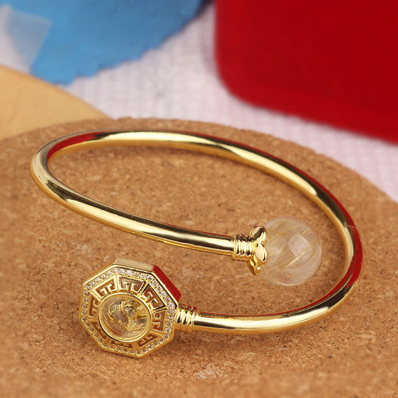 Fortune Jewel Rutilated Quartz Copper Brass Rotatable Windmill Feng Sheng Shui Qi Courage Bracelet Bangle