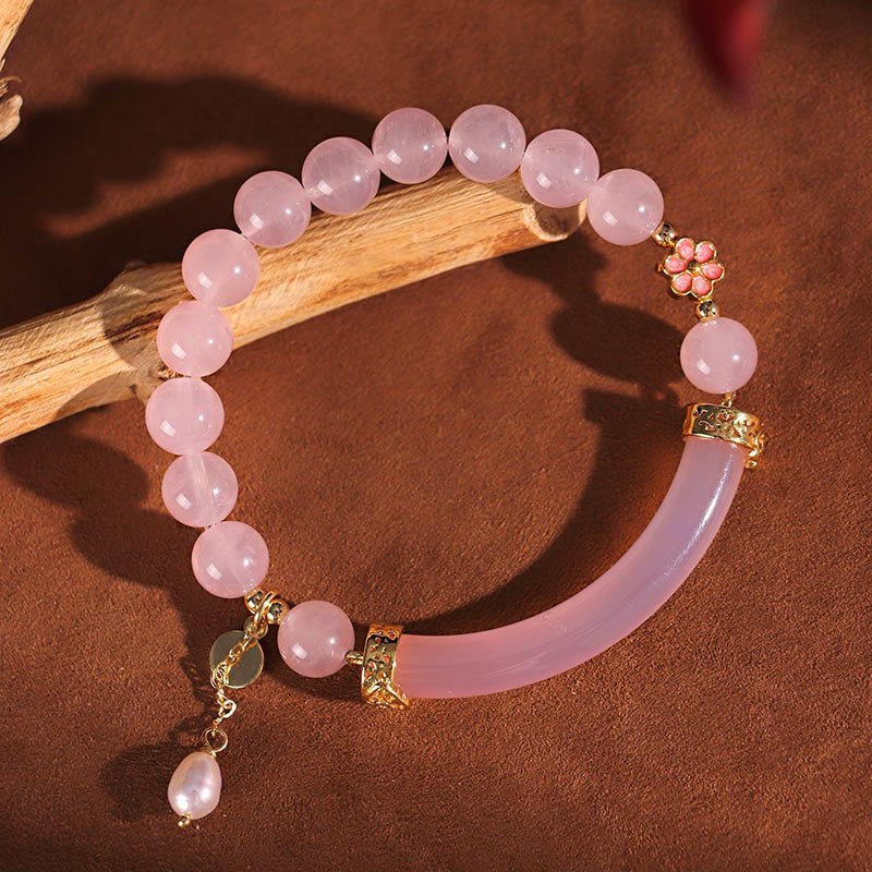 Fortune Jewel Pink Crystal Blue Chalcedony Pearl Cuff Half Bracelet Bangle