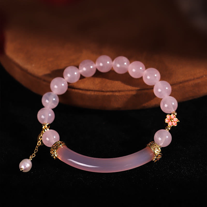 Fortune Jewel Pink Crystal Blue Chalcedony Pearl Cuff Half Bracelet Bangle