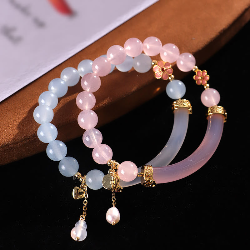 Fortune Jewel Pink Crystal Blue Chalcedony Pearl Cuff Half Bracelet Bangle