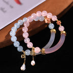 Fortune Jewel Pink Crystal Blue Chalcedony Pearl Cuff Half Bracelet Bangle