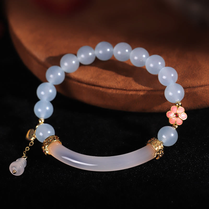 Fortune Jewel Pink Crystal Blue Chalcedony Pearl Cuff Half Bracelet Bangle