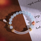 Fortune Jewel Pink Crystal Blue Chalcedony Pearl Cuff Half Bracelet Bangle
