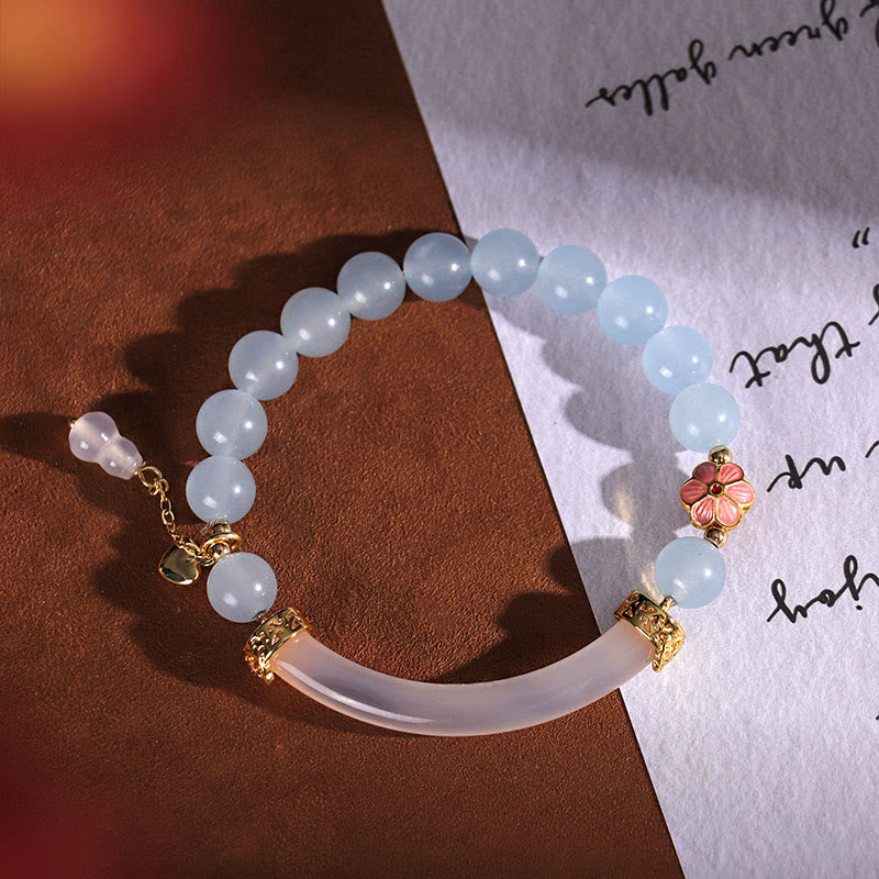 Fortune Jewel Pink Crystal Blue Chalcedony Pearl Cuff Half Bracelet Bangle