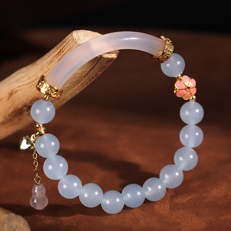 Fortune Jewel Pink Crystal Blue Chalcedony Pearl Cuff Half Bracelet Bangle