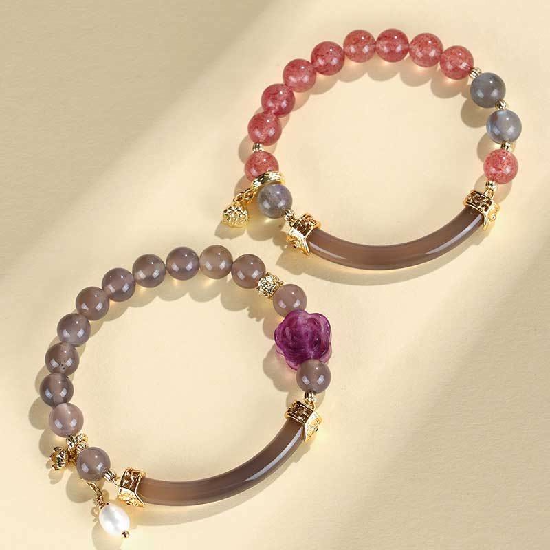 Fortune Jewel Strawberry Quartz Labradorite Fluorite Pearl Cuff Half Bracelet Bangle