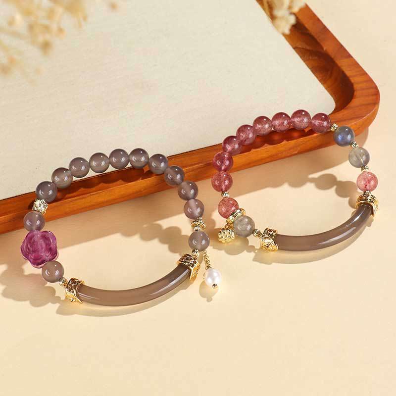 Fortune Jewel Strawberry Quartz Labradorite Fluorite Pearl Cuff Half Bracelet Bangle