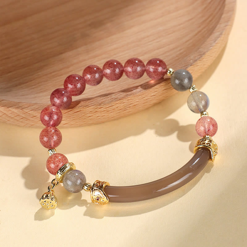 Fortune Jewel Strawberry Quartz Labradorite Fluorite Pearl Cuff Half Bracelet Bangle