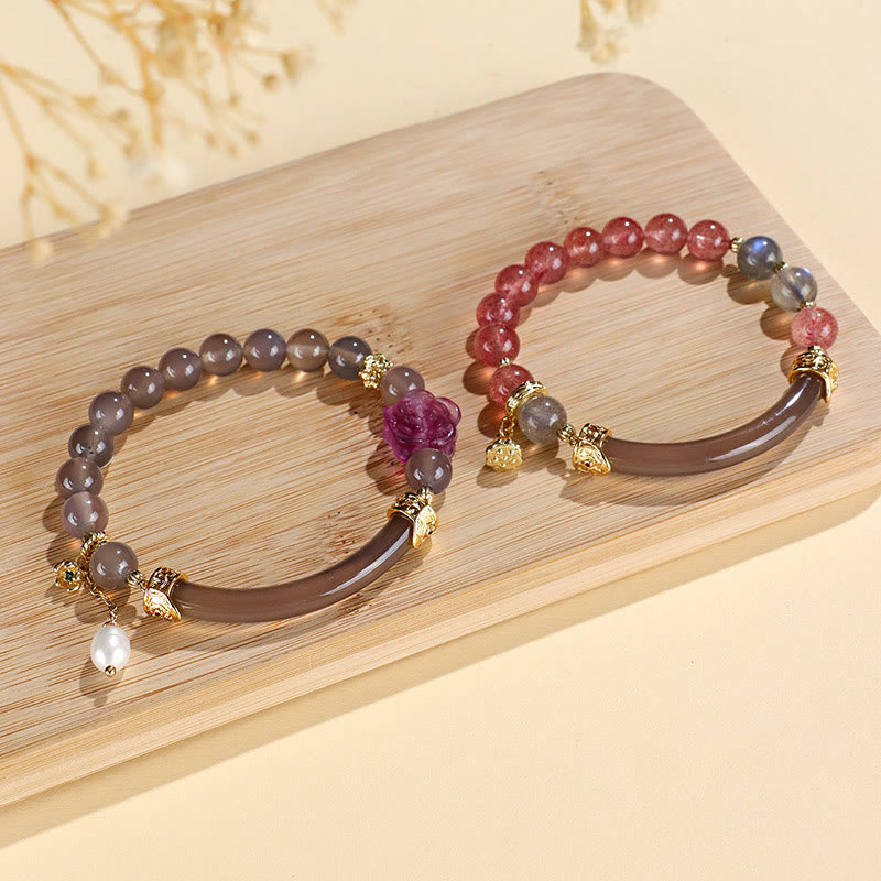 Fortune Jewel Strawberry Quartz Labradorite Fluorite Pearl Cuff Half Bracelet Bangle