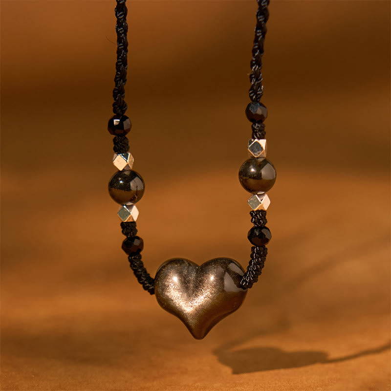 Fortune Jewel Natural Silver Sheen Obsidian Heart Protection Necklace Pendant