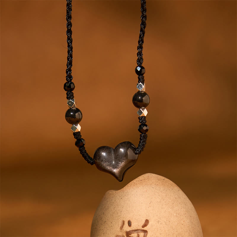Fortune Jewel Natural Silver Sheen Obsidian Heart Protection Necklace Pendant