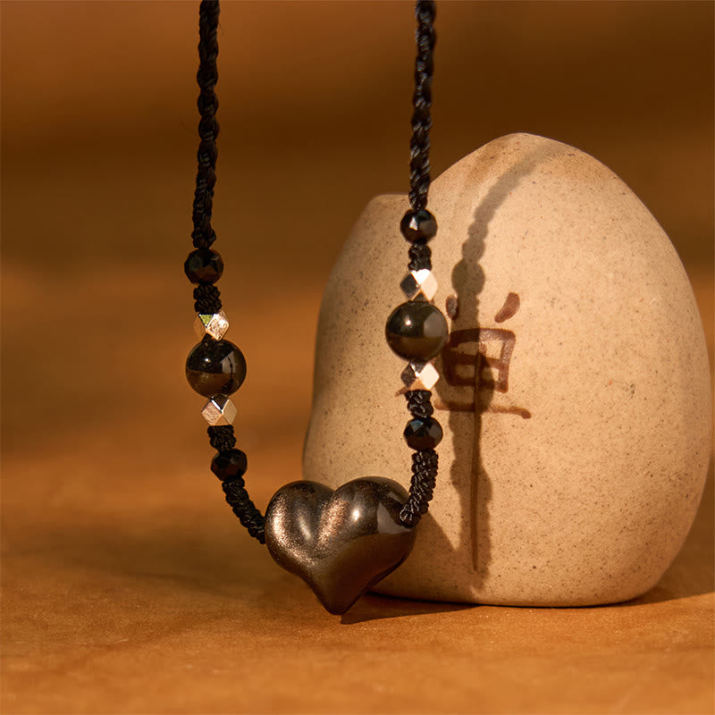 Fortune Jewel Natural Silver Sheen Obsidian Heart Protection Necklace Pendant