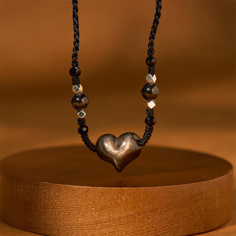 Fortune Jewel Natural Silver Sheen Obsidian Heart Protection Necklace Pendant