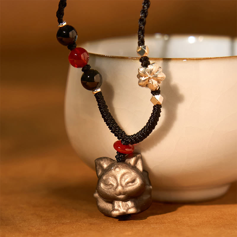 Fortune Jewel Natural Silver Sheen Obsidian Nine Tailed Fox Protection Necklace Pendant