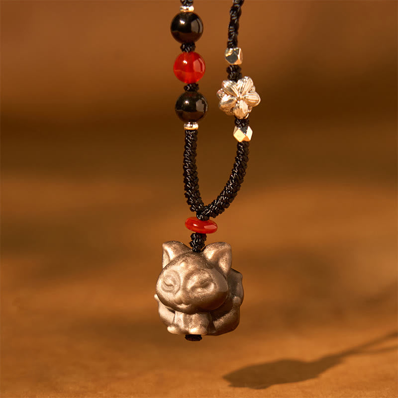 Fortune Jewel Natural Silver Sheen Obsidian Nine Tailed Fox Protection Necklace Pendant
