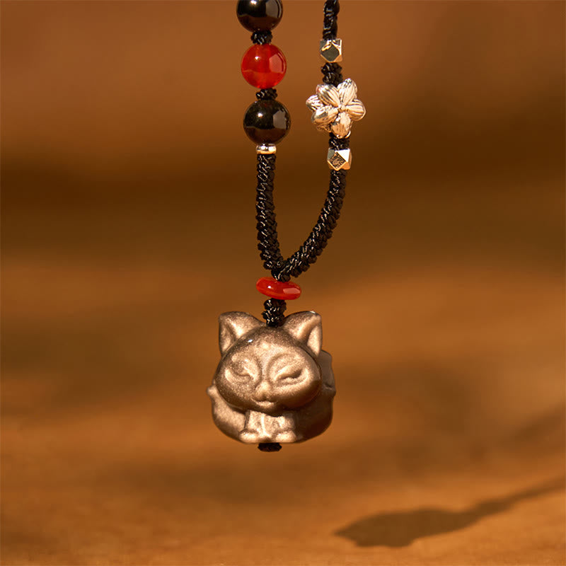 Fortune Jewel Natural Silver Sheen Obsidian Nine Tailed Fox Protection Necklace Pendant