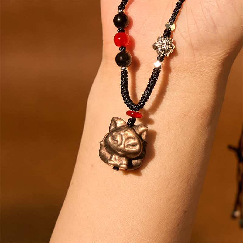 Fortune Jewel Natural Silver Sheen Obsidian Nine Tailed Fox Protection Necklace Pendant