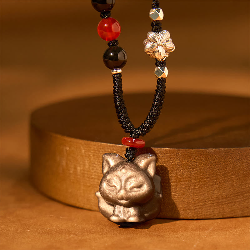 Fortune Jewel Natural Silver Sheen Obsidian Nine Tailed Fox Protection Necklace Pendant