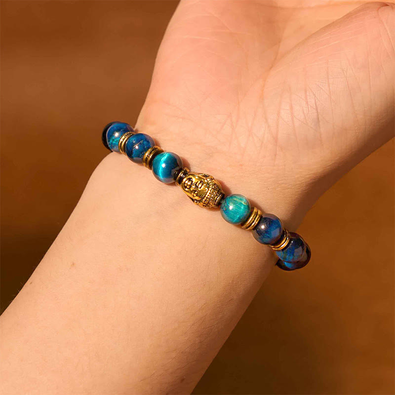 Fortune Jewel Blue Green Red Tiger Eye Buddha Head Balance Bracelet