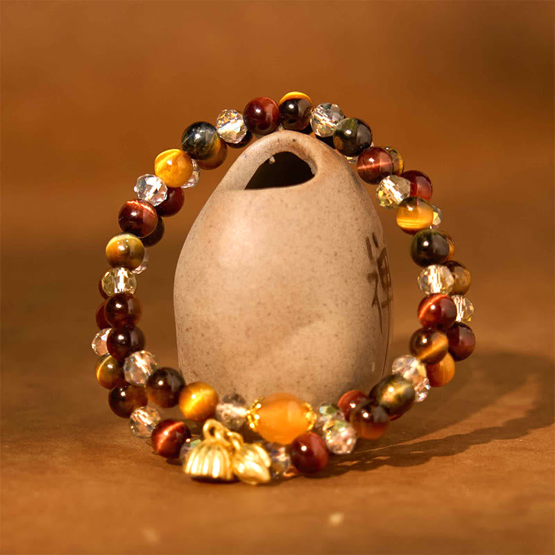 Fortune Jewel Colorful Tiger Eye Lotus Multi-circle Elastic Rope Protection Bracelet