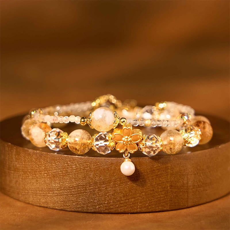 Fortune Jewel Natural Citrine Glass Beads Flower Multiple Layers Prosperity Bracelet
