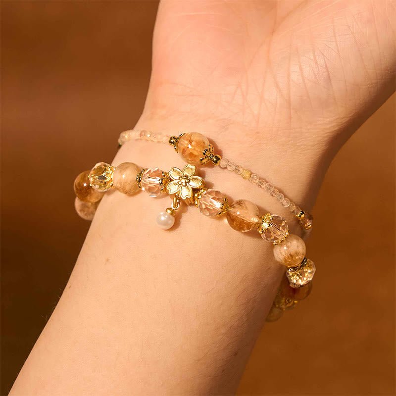 Fortune Jewel Natural Citrine Glass Beads Flower Multiple Layers Prosperity Bracelet
