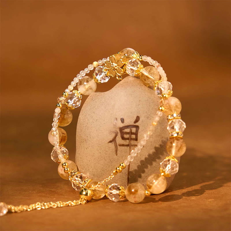 Fortune Jewel Natural Citrine Glass Beads Flower Multiple Layers Prosperity Bracelet